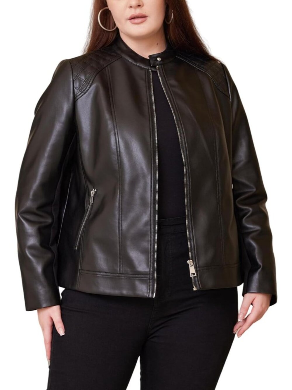 Women Plus Size Faux Leather Jacket PU Motorcycle Biker Coat with Quilted -166